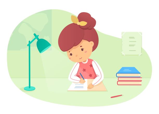 女学生正在做家庭作业。可爱的微笑女孩在笔记本上写字图片下载