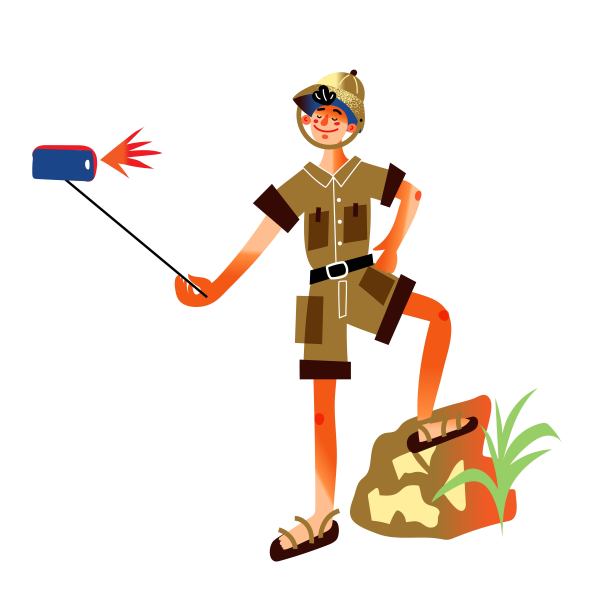 旅行者穿着狩猎服在自拍杆上拍照图片下载