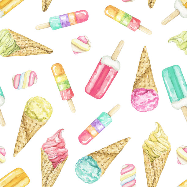 水彩无缝图案与套餐各种冰淇淋图片下载