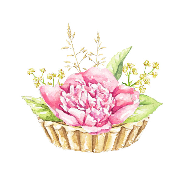 粉红玫瑰水彩杯形蛋糕图片下载