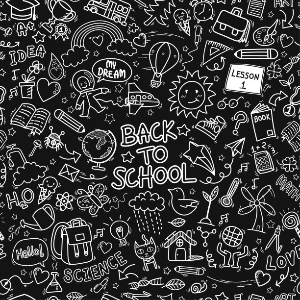 回到学校涂鸦图标无缝图案背景。手绘教育标志和文具供应项目和设备符号孤立在黑色背景图片下载