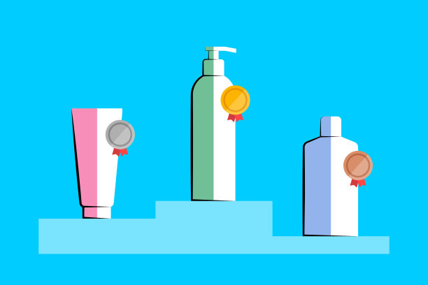 在领奖台上放置化妆品并颁发奖章图片下载