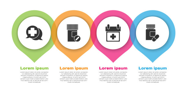 设置与医生对话，药瓶和药片，医生预约和药瓶和药片。业务信息图模板。向量图片下载