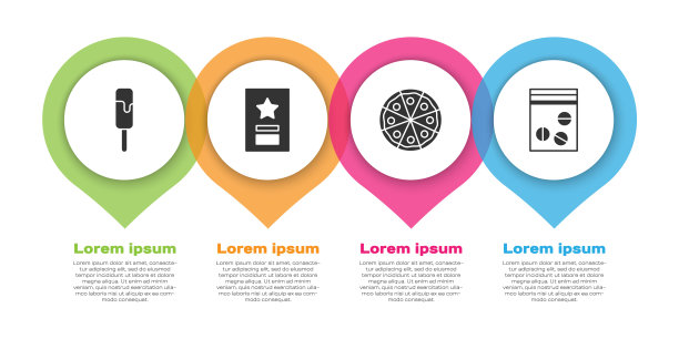 冰淇淋，贺卡，披萨和药品塑料袋。业务信息图模板。向量图片下载