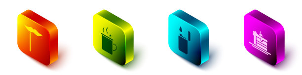 设置等距纸胡子棒，热葡萄酒，打火机和蛋糕图标。向量图片下载