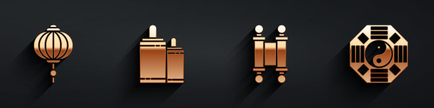 设置中国纸灯笼，烟花，法令，纸，羊皮纸，卷轴和阴阳图标与长影子。向量图片下载