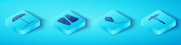 设置等距太阳保护伞海滩，橡胶脚蹼，热带棕榈树和风筝图标。向量图片下载