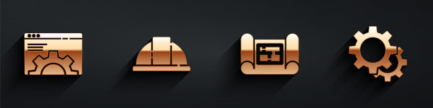 设置浏览器设置，工人安全帽，房屋计划和齿轮图标与长阴影。向量图片下载