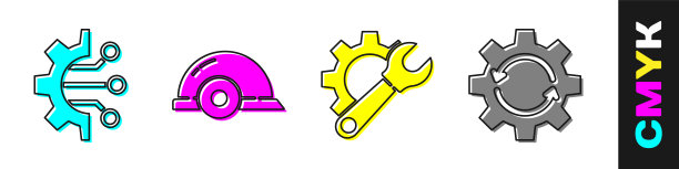 设置算法，工人安全帽，扳手和齿轮，齿轮和箭头为工作流程图标。向量图片下载