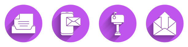 设置抽屉与文件，移动和信封，邮箱和外发邮件图标与长影子。向量图片下载