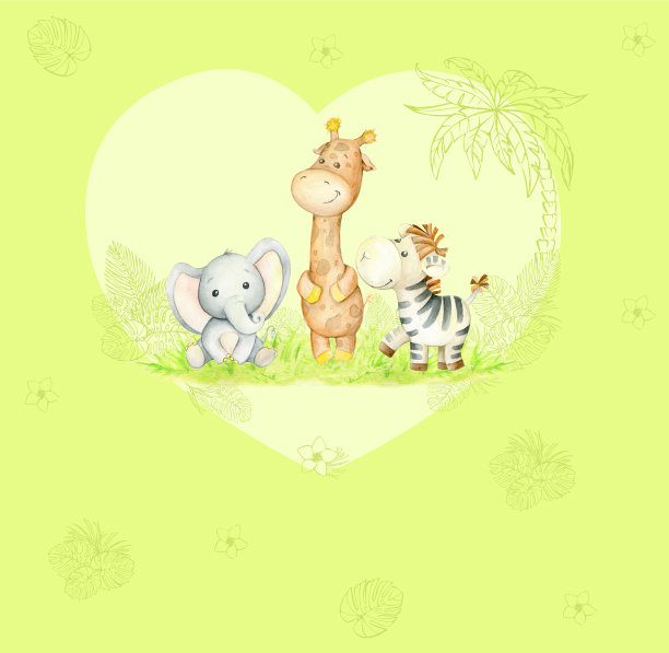 斑马，长颈鹿，大象，心脏背景，和热带植物，棕榈树。水彩剪辑艺术上的绿色背景。图片下载