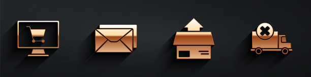 将购物车设置在电脑上，信封，纸板箱和货运卡车车辆图标与长影子。向量图片下载