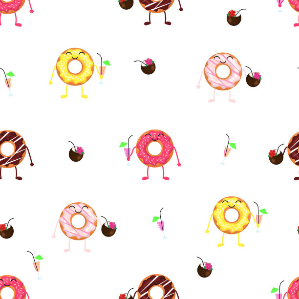 卡通甜甜圈喝鸡尾酒。无缝模式图片下载
