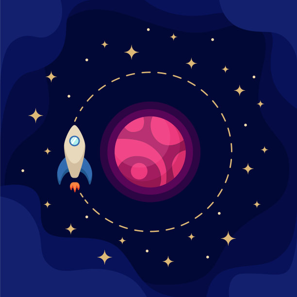 这颗带有火箭的粉红色行星被深蓝色背景上的恒星包围着。图片下载