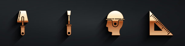 设置镘刀，螺丝刀，工人安全帽和三角尺长影图标。向量图片下载