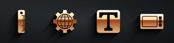 设置标尺，地球的地球和齿轮，文字和图形平板电脑图标与长阴影。向量图片下载