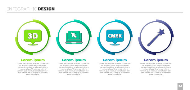 设置语音气泡文本3D，笔记本电脑和光标，语音气泡文本CMYK和魔棒。业务信息图模板。向量图片下载