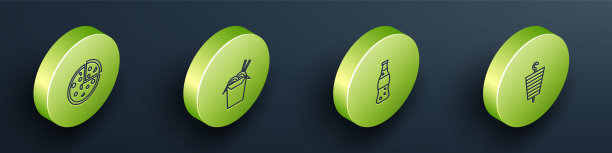 设置等距比萨，亚洲面条和筷子，瓶装水和烤羊肉串图标。向量图片下载