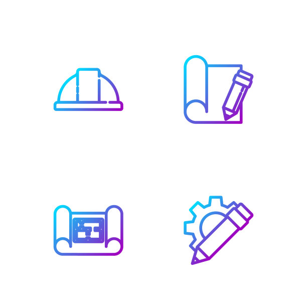设置线笔和装备，房屋平面图，工人安全帽和绘图笔。渐变颜色图标。向量图片下载