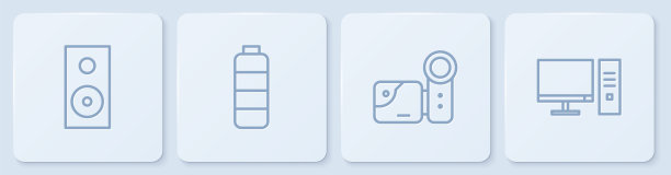 设置线立体声扬声器，影院摄像头，电池电量指示器和电脑显示器。白色正方形按钮。向量图片下载