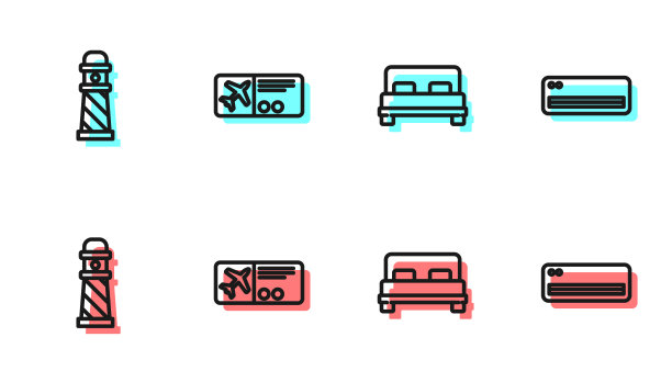 设置线大床，灯塔，机票和空调图标。向量图片下载