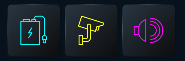 配备充电线、扬声器音量、安防摄像头。黑色方形按钮。向量图片下载