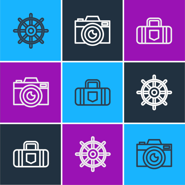 设置线船舶方向盘，手提箱和照片相机图标。向量图片下载
