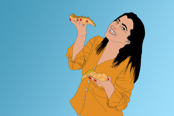 吃着大披萨的女人。不健康食品波普艺术。插图图片下载