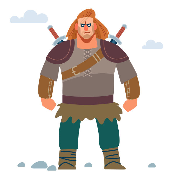 战士北方人。中世纪年轻的维京人，身穿盔甲，手持两把剑。矢量隔离在白色背景与龙。平的风格图片下载