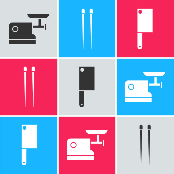 厨房摆绞肉机、食物筷子和肉图片下载