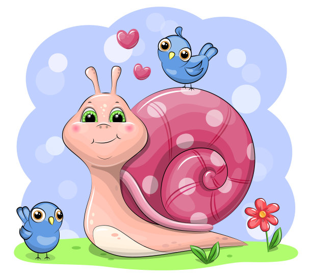 可爱的卡通蜗牛与鸟和花。图片下载