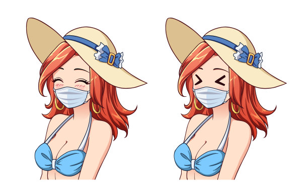 动漫可爱的女人戴着夏帽、比基尼和医用口罩。两个不同表达式的集合。冠状病毒旅游业。手绘矢量插图。图片下载
