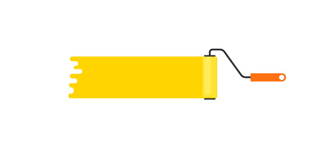 油漆辊黄色刷在白墙上，矢量孤立的插图图片下载