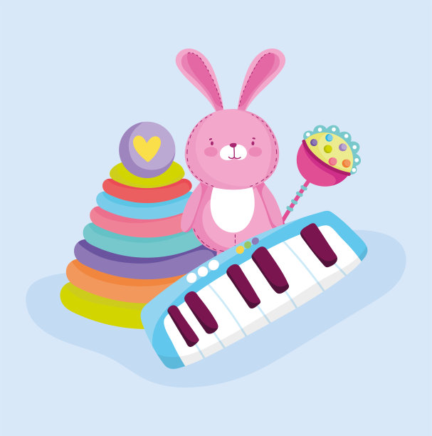 玩具对象为小孩子玩卡通金字塔兔子和钢琴图片下载