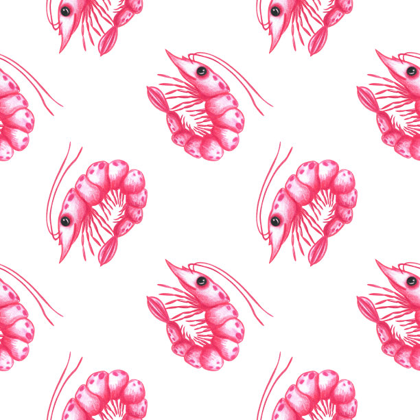 粉红色的虾。无缝模式与海产品模式上的白色背景。手绘的风格。用于织物、纺织品、纸张的时尚印花。股票的形象图片下载