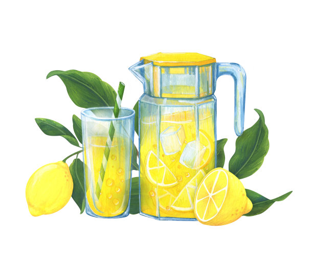 自制柠檬水加冰和多汁柠檬。在白色背景上的构图。黄色冷饮。柠檬汁鸡尾酒。夏天打印。股票的形象。图片下载