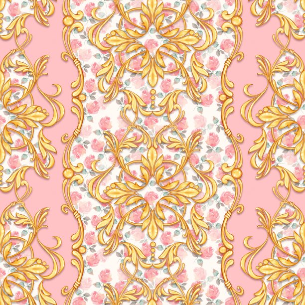 无缝巴洛克图案与玫瑰和金色卷轴图片下载