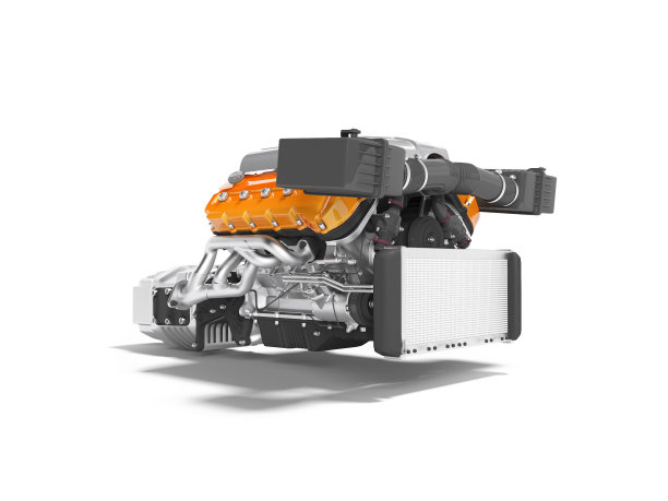 汽车发动机为八个气缸红色装配与空气过滤器、收集器和变速箱散热器3d渲染在白色背景与阴影图片下载