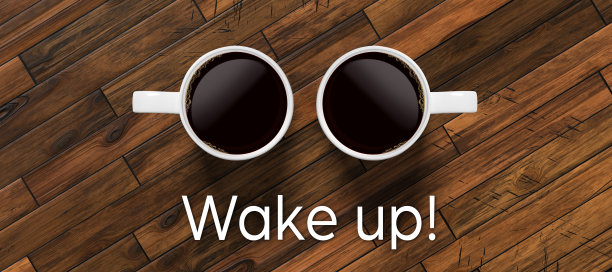 一杯咖啡和一块写着“醒醒!”——3 d演示图片下载