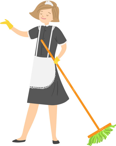 淡发微笑女佣摆着拖把的姿势图片下载