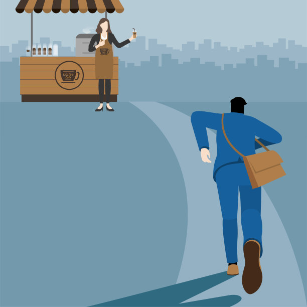 紧迫的生活方式的概念。后视图的商人跑到咖啡店亭像能量饮料的马拉松赛跑者。在忙碌的尖峰时刻抓紧时间。方形矢量平面风格的最小设计。图片下载