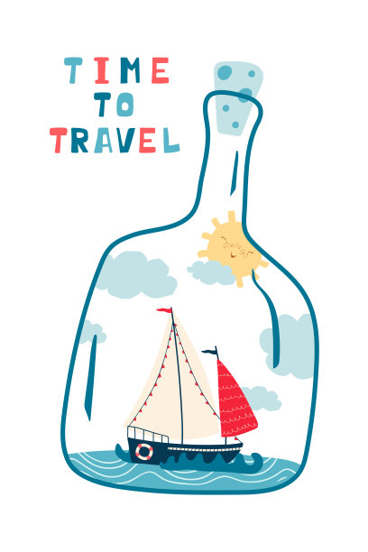 儿童海海报与海景，帆船在一个瓶子和手写的字母旅行时间。儿童印花的可爱概念。插图设计明信片，纺织品，服装。向量图片下载