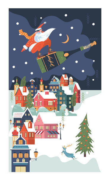 圣诞贺卡。圣诞老人拿着香槟在白雪覆盖的小城市上空。图片下载