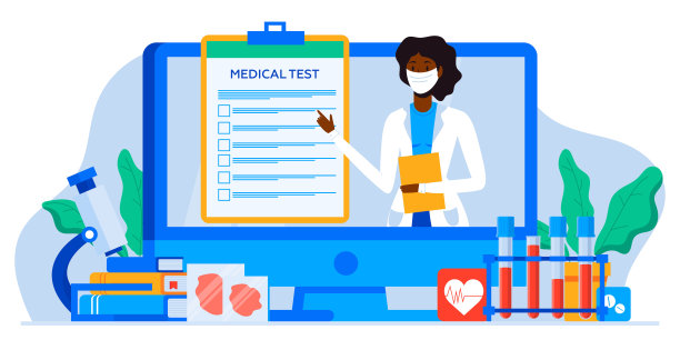 在线患者医疗咨询和支持聊天集。在线医生app messenger。医疗保健服务，问医生。家庭医生在电脑屏幕上。Tele药旗帜。图片下载