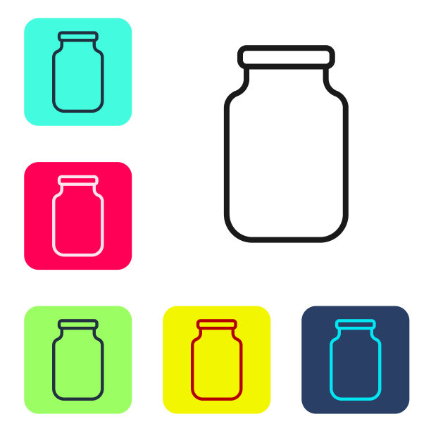 黑色线玻璃罐与螺旋盖图标隔离在白色背景。设置图标的颜色方形按钮。向量图片下载