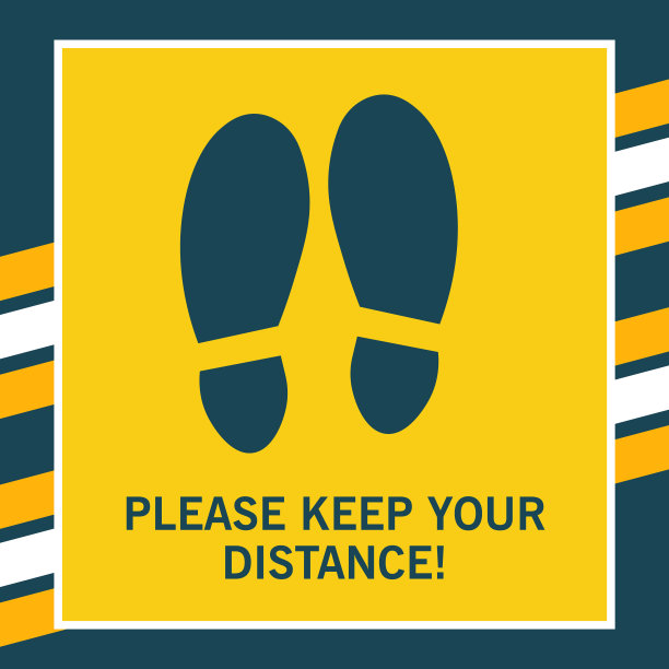 保持距离。黄色贴纸踏在广场地板上，图标矢量标志图片下载