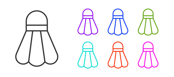 黑线羽毛球图标孤立在白色背景。运动设备。设置图标丰富多彩。矢量图图片下载