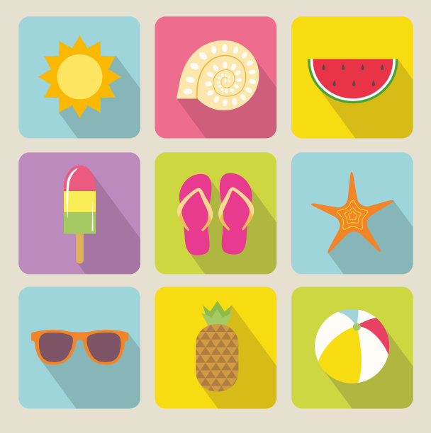 一套夏季扁平图标与长阴影。海滩收集物品。西瓜、海星、冰淇淋、太阳镜等等。——矢量图图片下载
