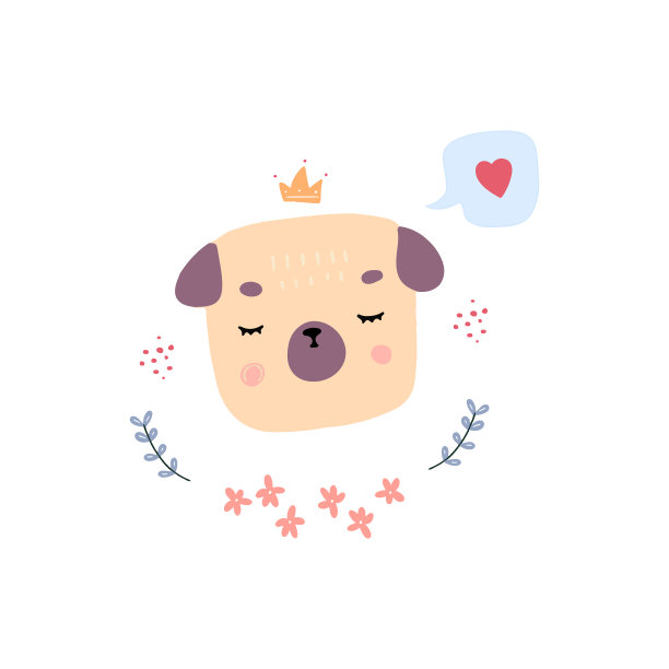 矢量插图的哈巴狗可爱的头在白色的背景。手绘风格狗狗与元素。适合幼稚的设计。图片下载