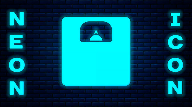 霓虹灯浴室秤图标孤立在砖墙背景上。体重测量设备。体重秤健身运动概念。矢量图图片下载